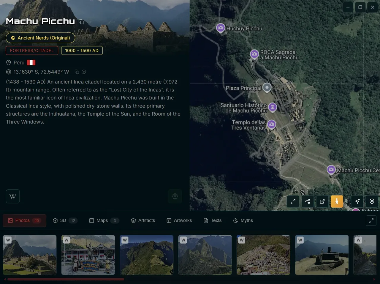 Site popup with photos, 3D, maps
